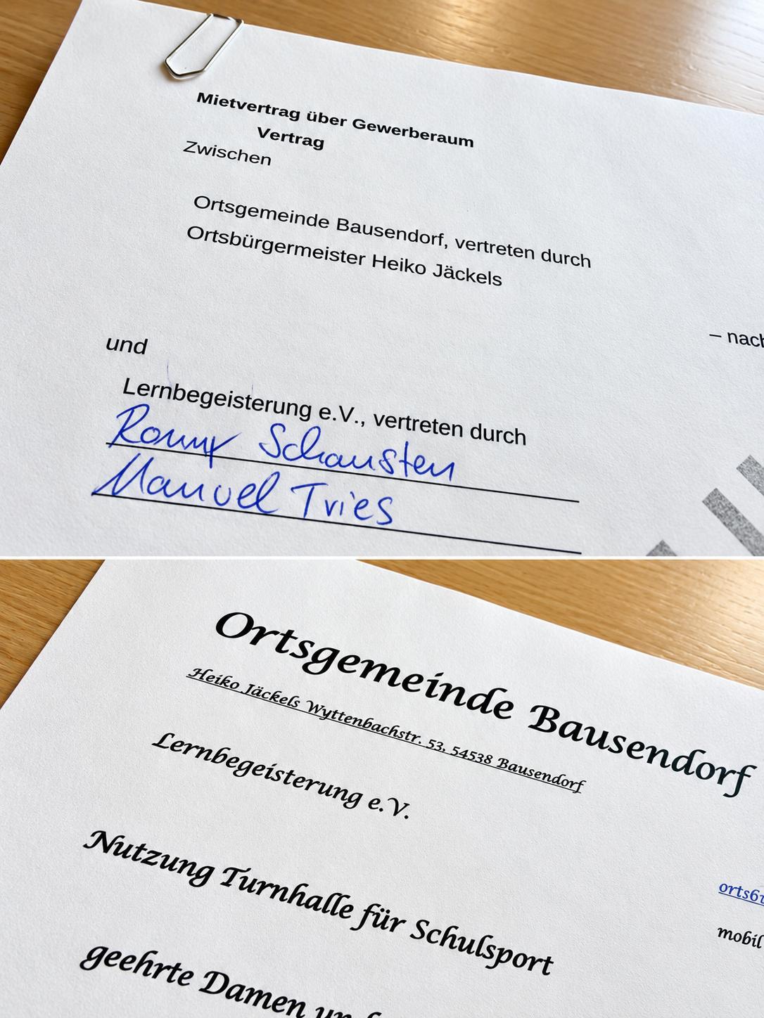 Unterschriebener Mietvertrag zwischen der Ortsgemeinde Bausendorf und Lernbegeisterung e. V.